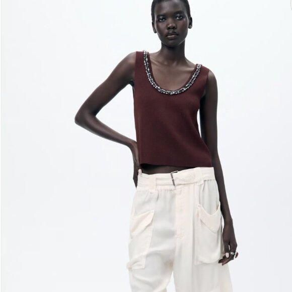 NWT Zara Jewel Beads Ribbed Knit Burgundy Top S - Picture 3 of 16